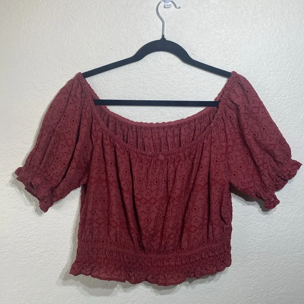 American Eagle‎ On/Off the Shoulder Puff Sleeve Cropped Eyelet Top Size XL